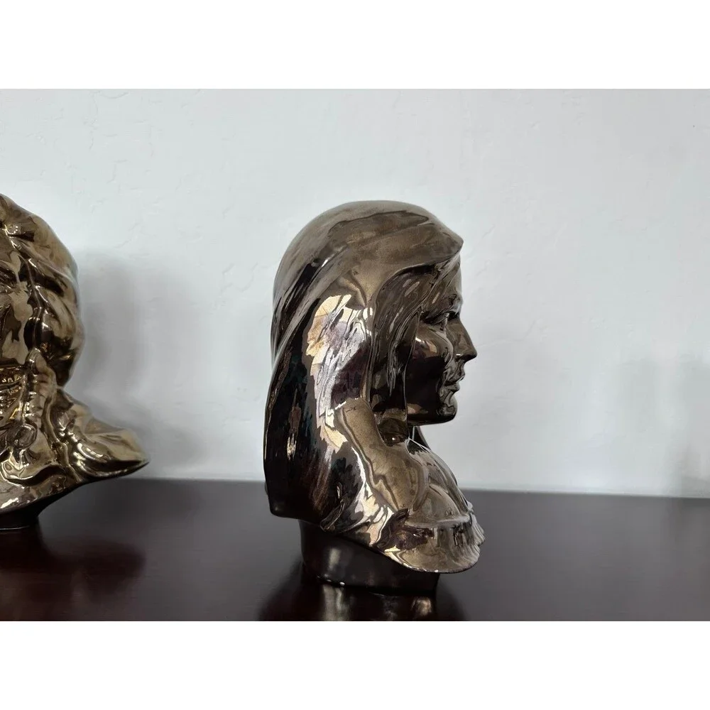 Vintage Native American Bust Statues Bronze Gold Ceramic 11